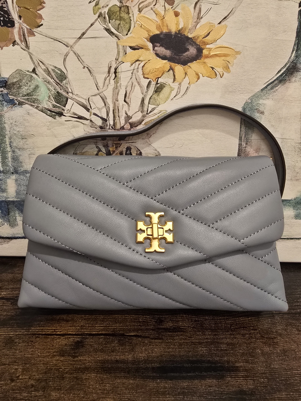 Tory Burch Quilted Chevron Leather Shoulder Bag - Light Gray Blue